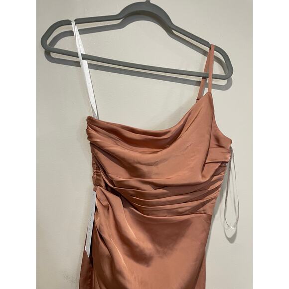NWT Azazie Eren Stretch Satin One Shoulder Maxi Mermaid Dress Bronzer Women's A2 - Picture 3 of 7